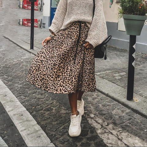 Vintage leopard print pleated punk rock midi skirt