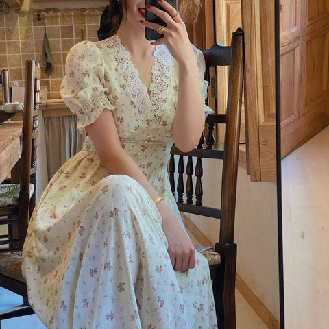 Vintage Floral Dress Elegant Lace Chiffon Party Dress Puff Sleeve