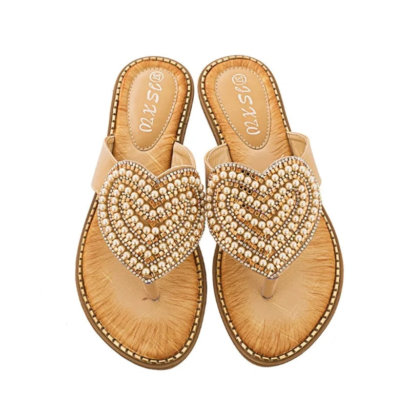 Summer Beach Slippers Rhinestone Love heart Flip Flops