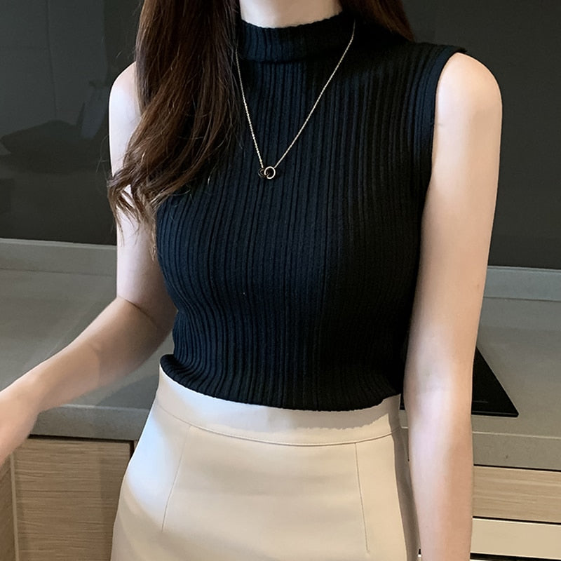 Solid Slim Thin Sleeveless Knit Sweater High Neck Shirt