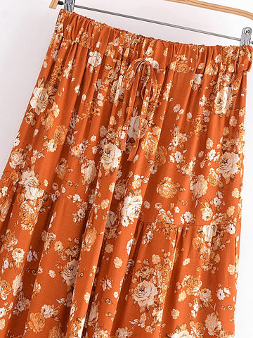 Floral Print Rayon Cotton Bohemian Beach A-line Maxi Skirts