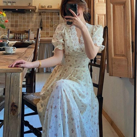 Vintage Floral Dress Elegant Lace Chiffon Party Dress Puff Sleeve