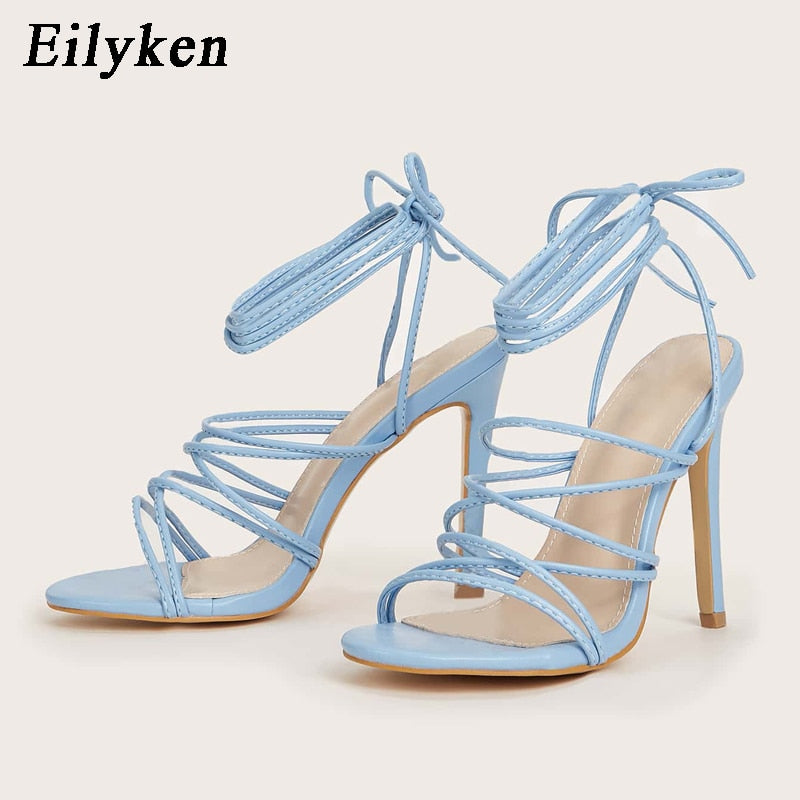 Sweet Pink Blue Ankle Cross-tied Sandals Narrow Band Thin High Heels Shoes