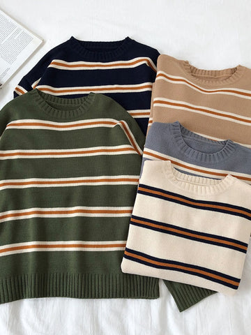 Vintage Stripe Sweaters Women Loose Oversize Korean Style Pullover Top