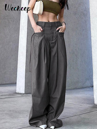 Grey Cargo Fashion Lace Up Pocket Low Rise Casual Pants