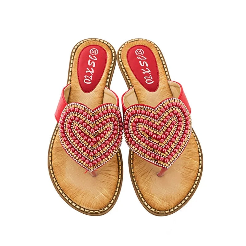 Summer Beach Slippers Rhinestone Love heart Flip Flops