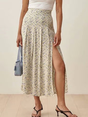 A-line Floral Print Long High Waist Pleated Slit Skirts