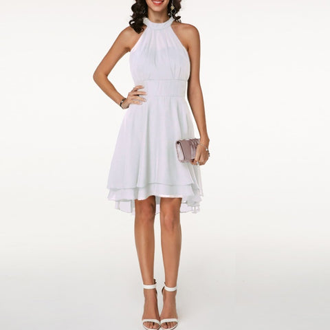 Dress Elegant Halter Sleeveless Cropped Layered Midi Dress Chiffon Solid