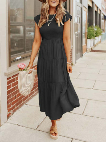 Pleated Dress Women Long Party Dress Ladies Flying Sleeve Fashion