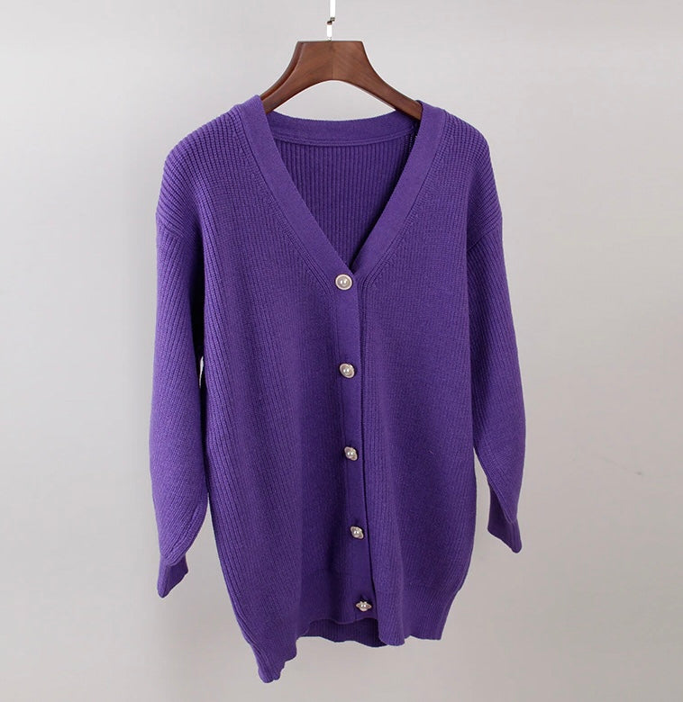 V-neck Lantern Sleeve Cardigan Women Knitted Basic Oversize Sweater