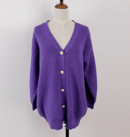 V-neck Lantern Sleeve Cardigan Women Knitted Basic Oversize Sweater