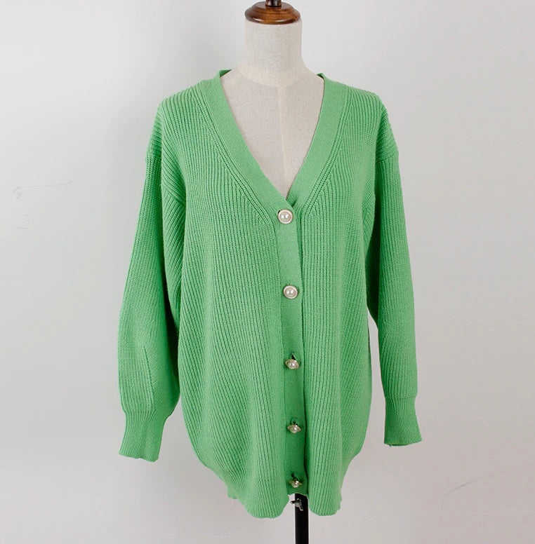 V-neck Lantern Sleeve Cardigan Women Knitted Basic Oversize Sweater