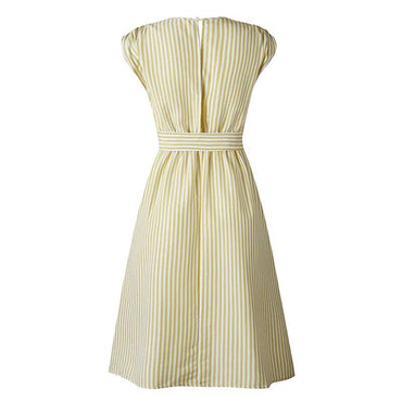 Vintage Stripe Print Sash Tie Up Midi Dress