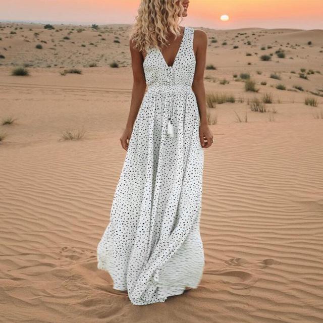 Boho Sleeveless Dot Print Tassels Deep V Neck Long Maxi Dress