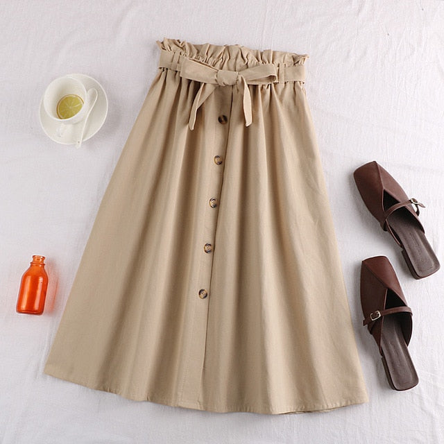 Midi Knee Length Elegant Button High Waist Skirt