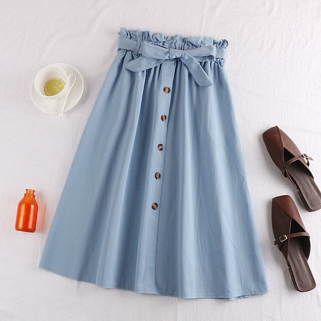 Midi Knee Length Elegant Button High Waist Skirt