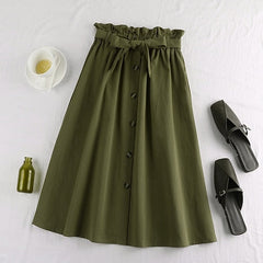 Midi Knee Length Elegant Button High Waist Skirt