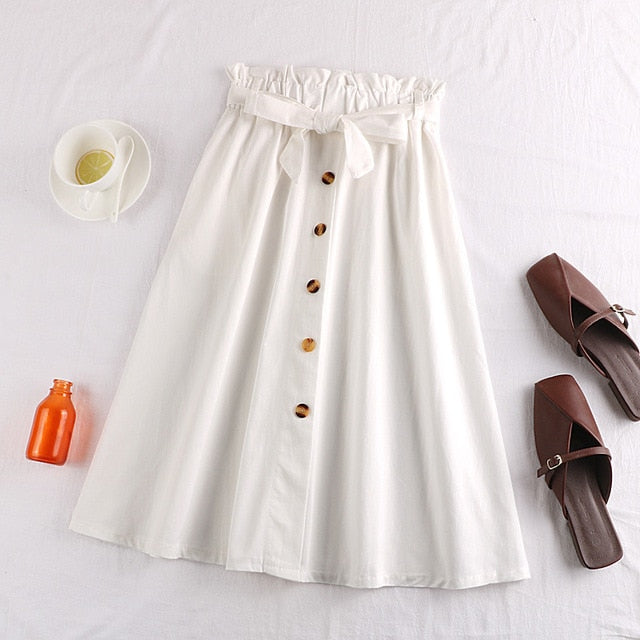 Midi Knee Length Elegant Button High Waist Skirt