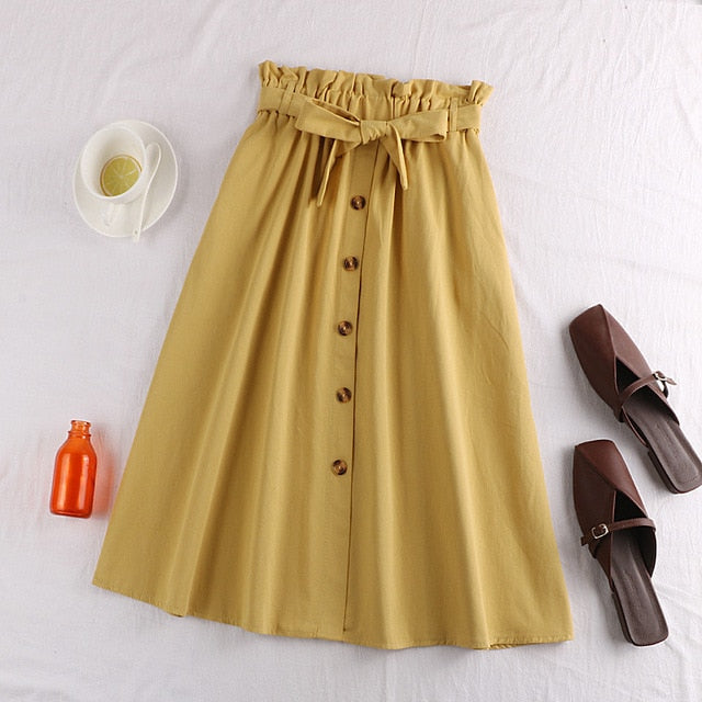 Midi Knee Length Elegant Button High Waist Skirt