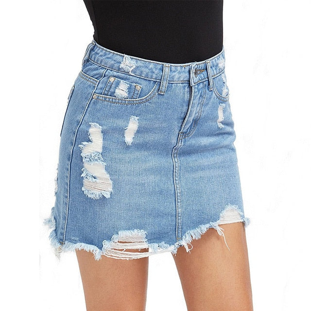 Basic Pocket Blue Ripped Casual Mini Denim Skirt