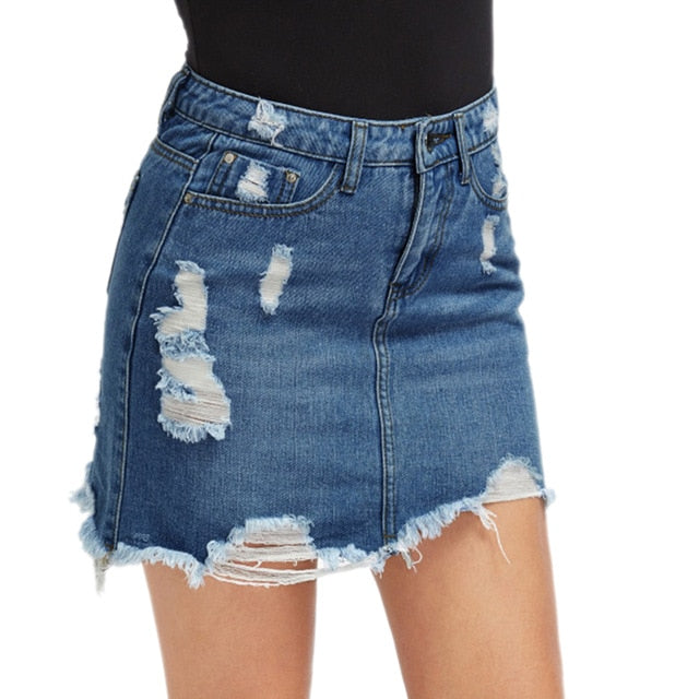 Basic Pocket Blue Ripped Casual Mini Denim Skirt