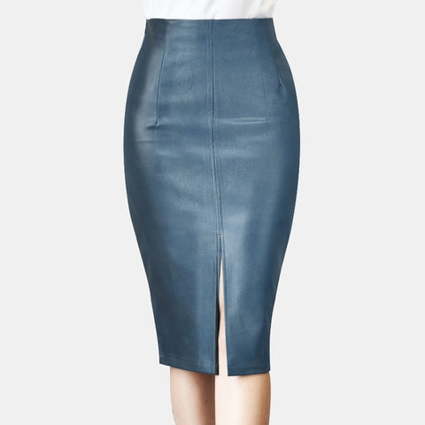 Women PU Leather Slit Pencil Skirt