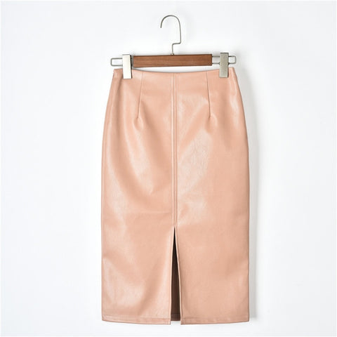 Women PU Leather Slit Pencil Skirt