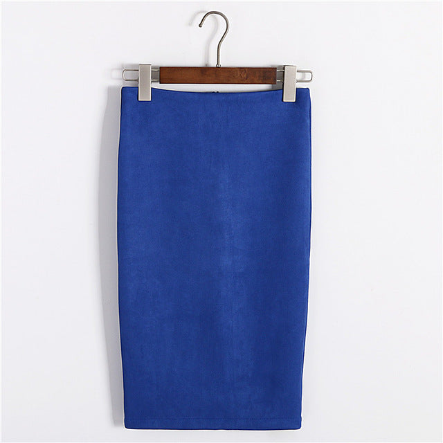 Multi colors Solid Suede Work Wear Package Hip Pencil Midi Skirt