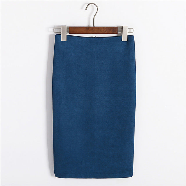 Multi colors Solid Suede Work Wear Package Hip Pencil Midi Skirt