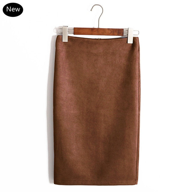 Multi colors Solid Suede Work Wear Package Hip Pencil Midi Skirt