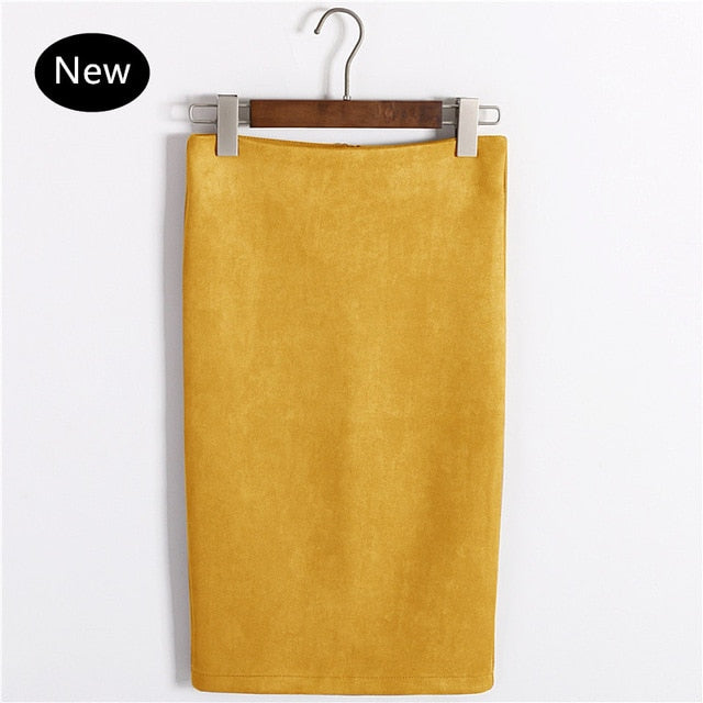 Multi colors Solid Suede Work Wear Package Hip Pencil Midi Skirt