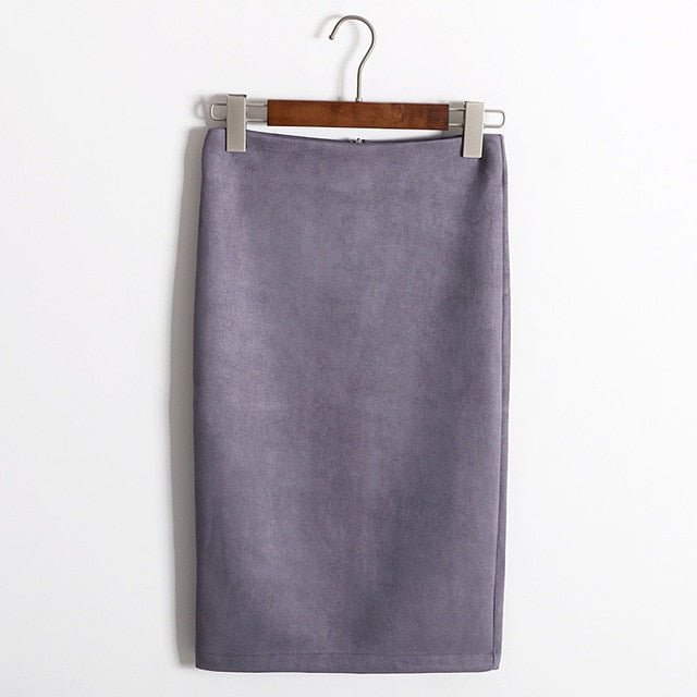 Multi colors Solid Suede Work Wear Package Hip Pencil Midi Skirt