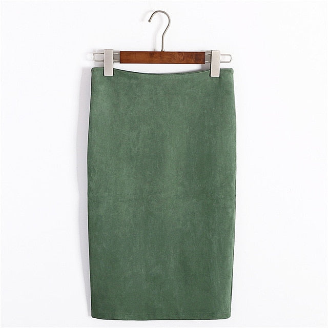 Multi colors Solid Suede Work Wear Package Hip Pencil Midi Skirt