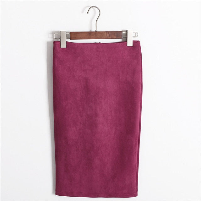 Multi colors Solid Suede Work Wear Package Hip Pencil Midi Skirt