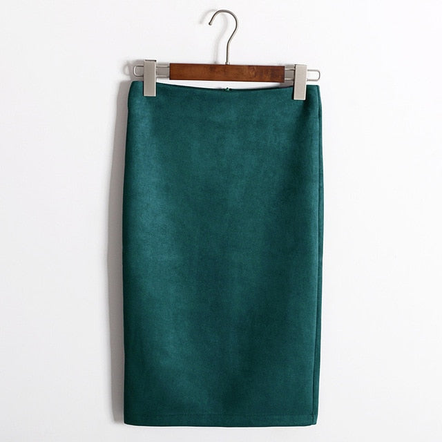 Multi colors Solid Suede Work Wear Package Hip Pencil Midi Skirt