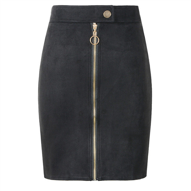 Vintage Style  Front Zipper Button Suede Mini Pencil Skirt