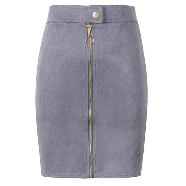 Vintage Style  Front Zipper Button Suede Mini Pencil Skirt