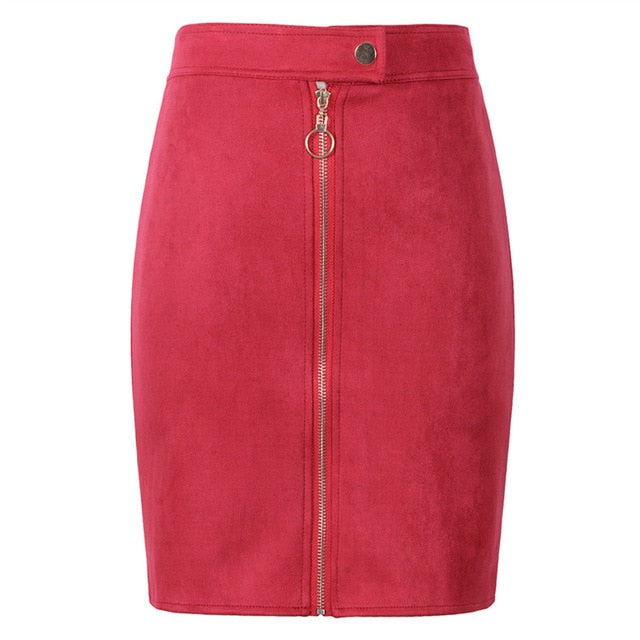 Vintage Style  Front Zipper Button Suede Mini Pencil Skirt