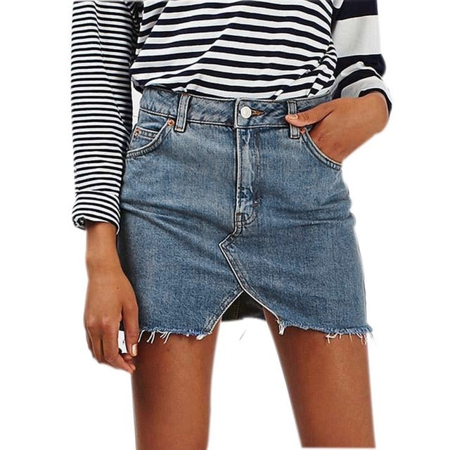 Basic Pocket Blue Ripped Casual Mini Denim Skirt