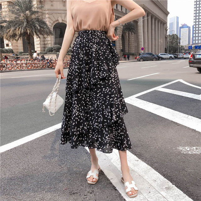 Boho Bohemian Ruffles Polka Dot Layer Flare High Waist Skirt