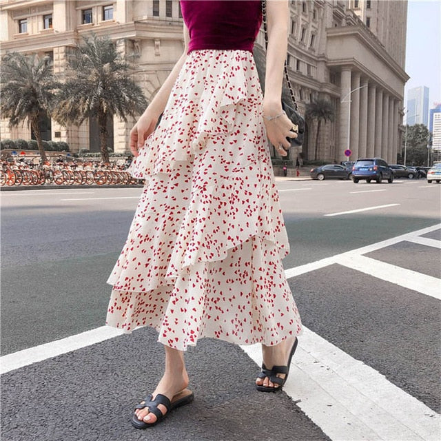 Boho Bohemian Ruffles Polka Dot Layer Flare High Waist Skirt