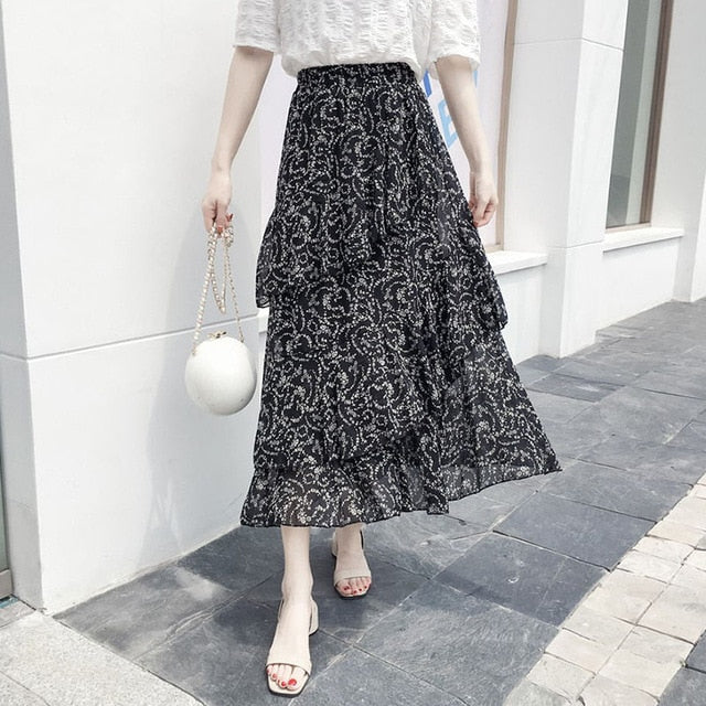 Boho Bohemian Ruffles Polka Dot Layer Flare High Waist Skirt