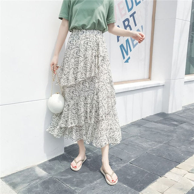 Boho Bohemian Ruffles Polka Dot Layer Flare High Waist Skirt