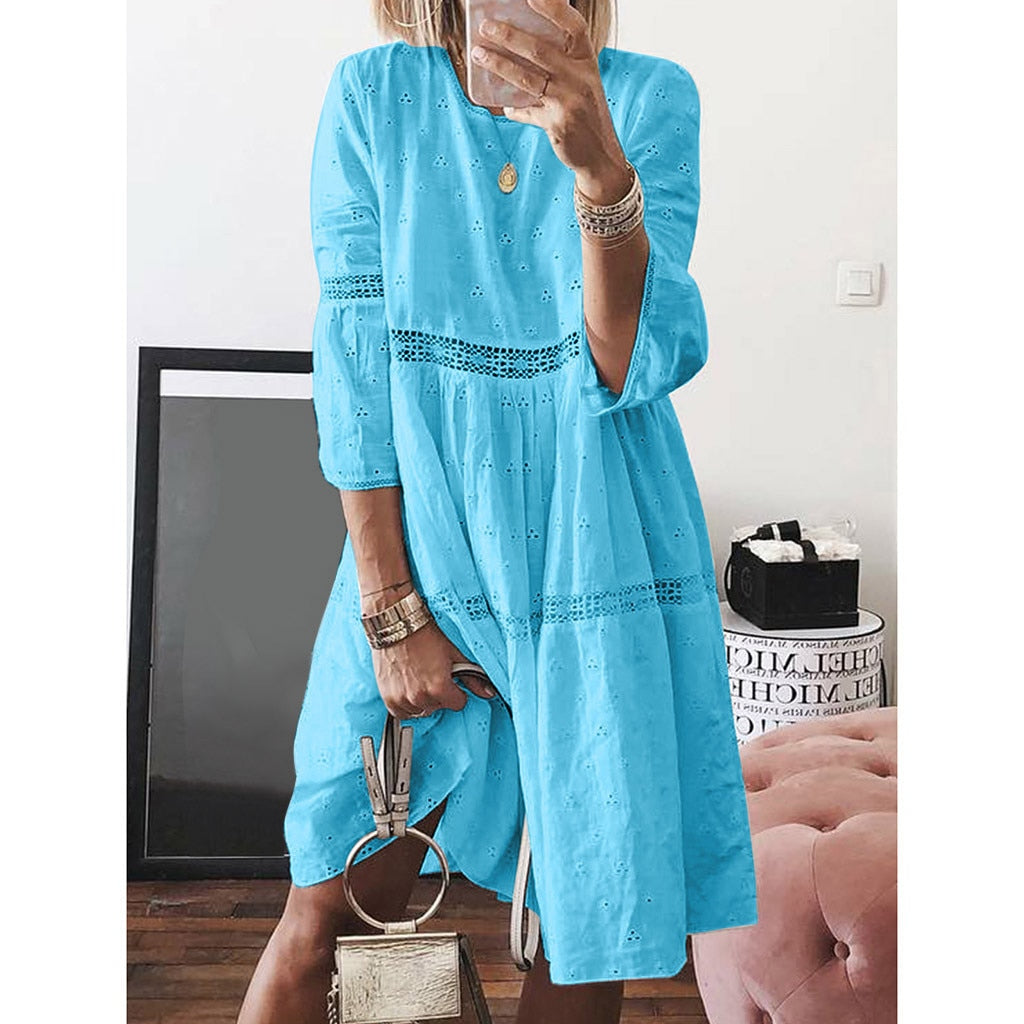 Boho Solid Crew Neck Hollow Out Splice Dress