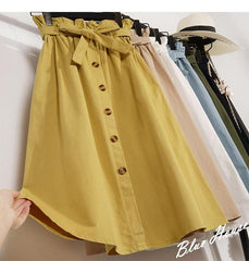 Button High Waist Female Pleated School Skirt