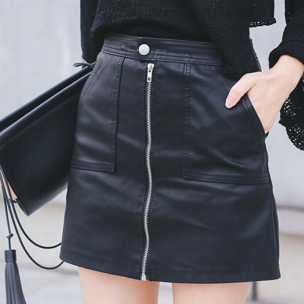 Skirt PU Leather Sexy Mini With Pockets Zipper A-line