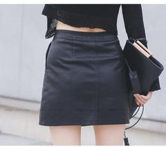 Skirt PU Leather Sexy Mini With Pockets Zipper A-line