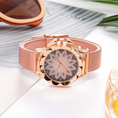 Rose Gold Flower Rhinestone Wrist Casual Watch