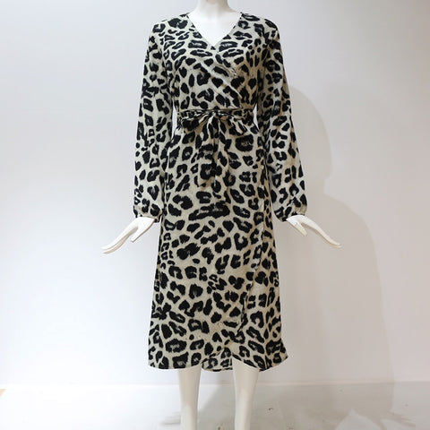 Leopard Chiffon Loose Long Sleeve Deep V-neck A-line Dress
