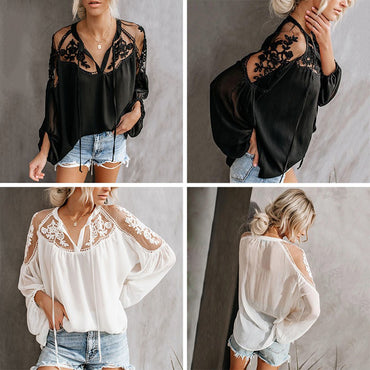 Sexy Lace Mesh Embroidery Patchwork Long Sleeve Top